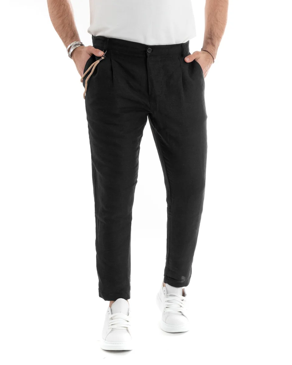 Pantaloni Uomo In Lino Con Tasca America Con Pinces Classico Sartoriale Comodo Casual Tinta Unita Nero GIOSAL-P5791A - immagine 2